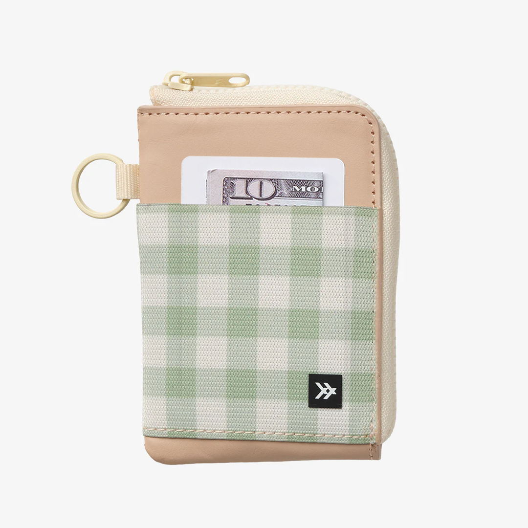 Green Gingham | Leather Zip Wallet | For Cards, Cash, Coins