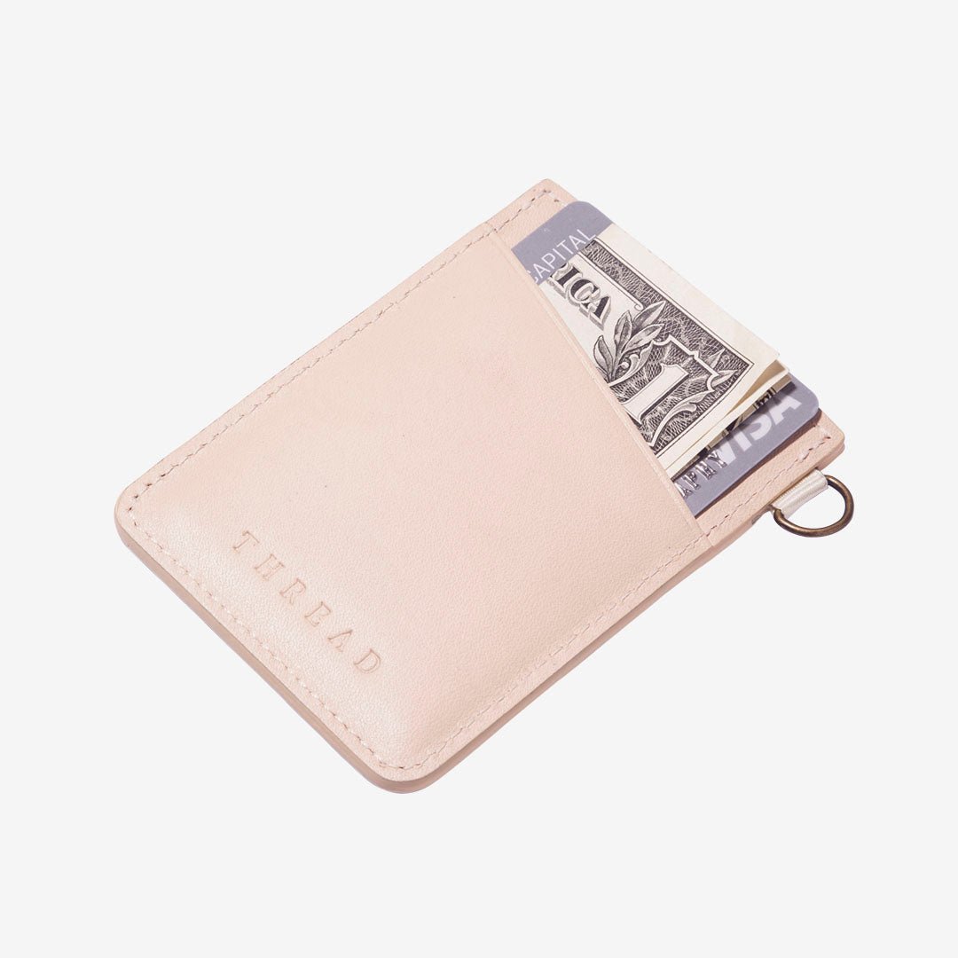 White leather card holder with pink and cream gingham elastic