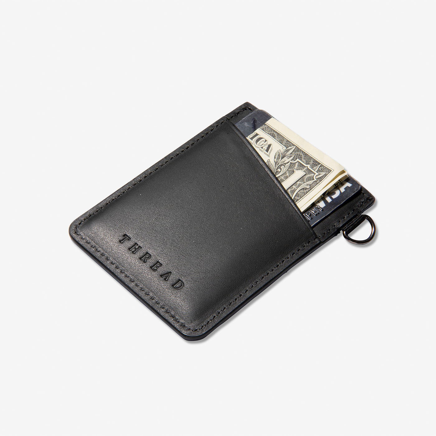 Black leather vertical wallet with black, brown, and cream elastic