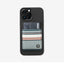 Black leather magnetic wallet with black, brown, and cream striped elastic