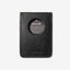Black leather magnetic wallet with black, brown, and cream striped elastic