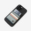 Black leather magnetic wallet with black, brown, and cream striped elastic