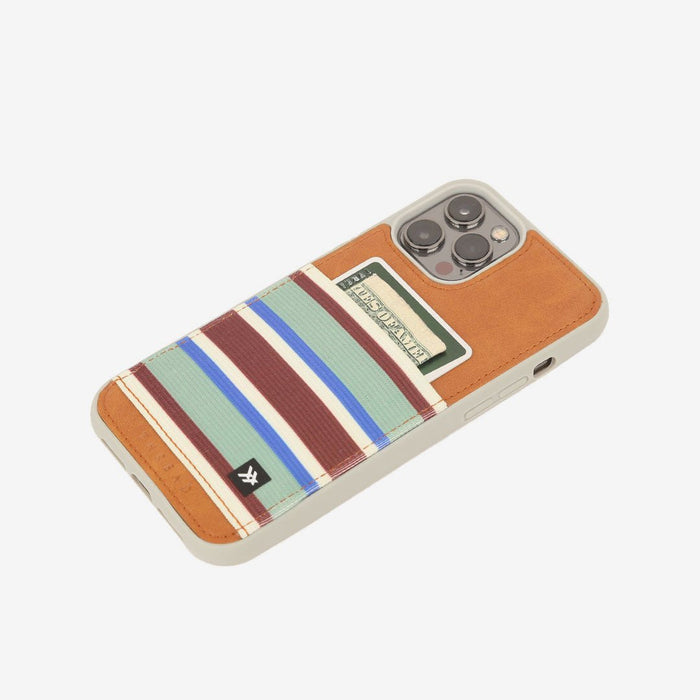 Brown, green, and blue striped phone case wallet
