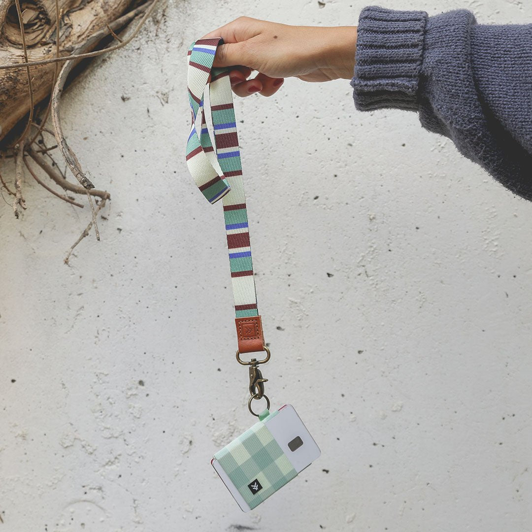 Brown, green, and blue striped neck lanyard