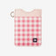 White leather card holder with pink and cream gingham elastic