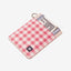 White leather card holder with pink and cream gingham elastic