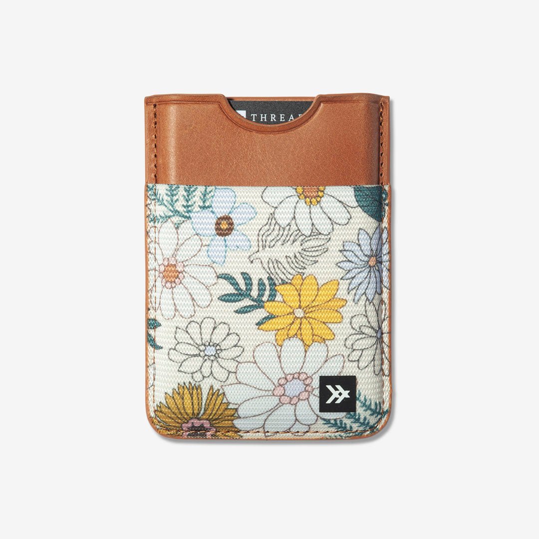 Brown leather magnetic wallet with cream and yellow floral elastic