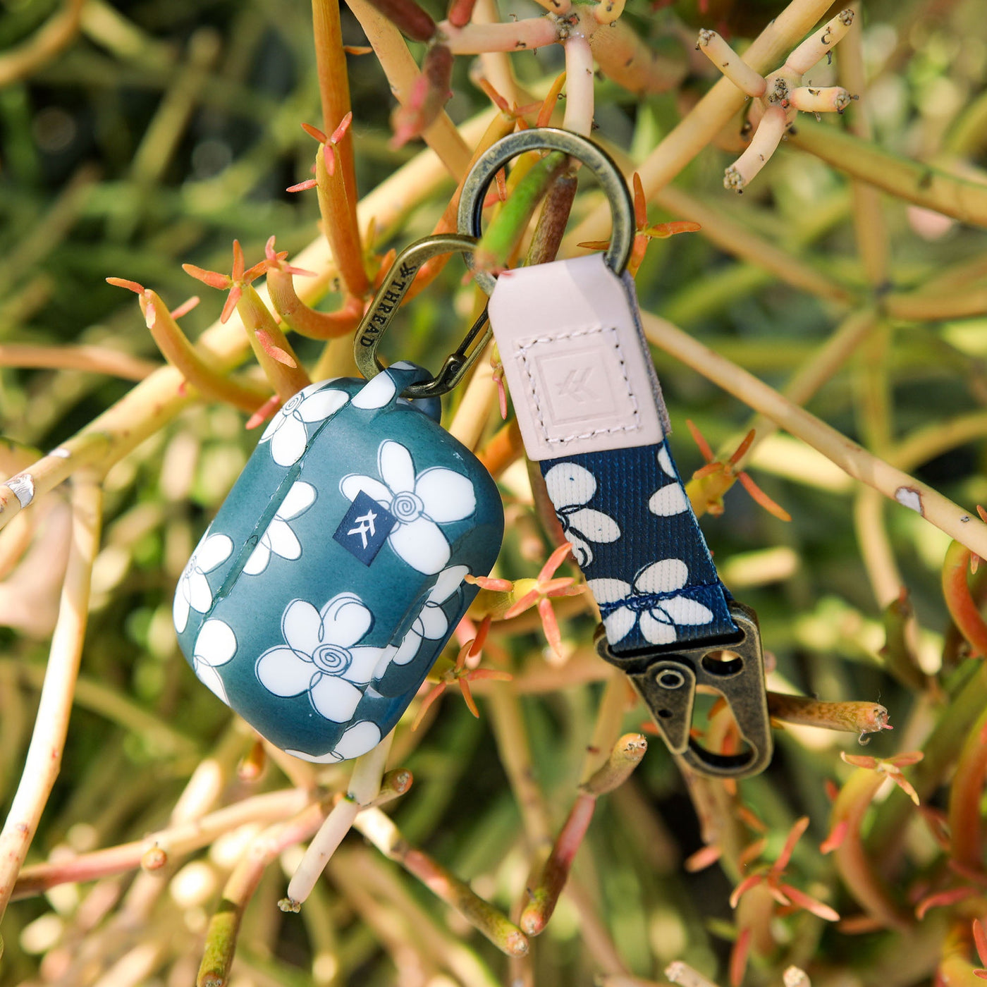 Navy and cream floral keychain clip