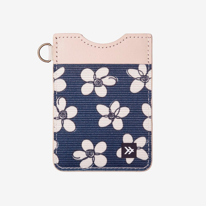 Cream leather card holder with navy and cream floral elastic