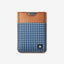 Brown leather magnetic wallet with blue and white gingham elastic