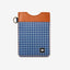 Brown leather vertical wallet with blue and white gingham elastic