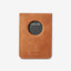 Brown leather magnetic wallet with blue and white gingham elastic