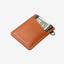 Brown leather vertical wallet with blue and white gingham elastic