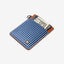 Brown leather vertical wallet with blue and white gingham elastic