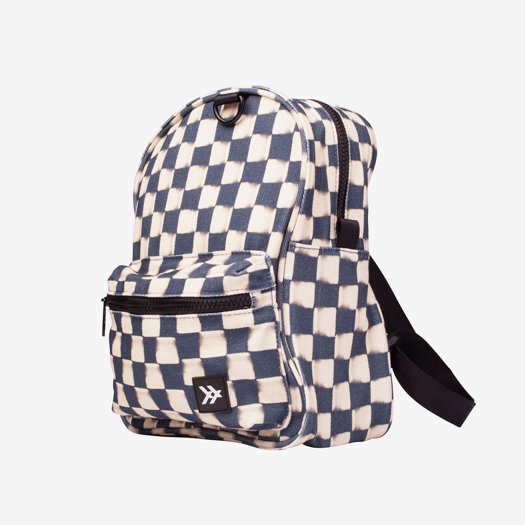Navy and cream checker mini-backpack with black trims