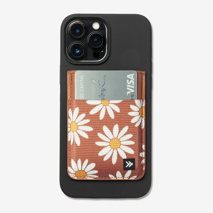 Brown and white floral magnetic wallet with brown leather
