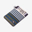 Black leather card holder with navy, olive, and cream striped elastic