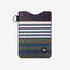 Black leather card holder with navy, olive, and cream striped elastic