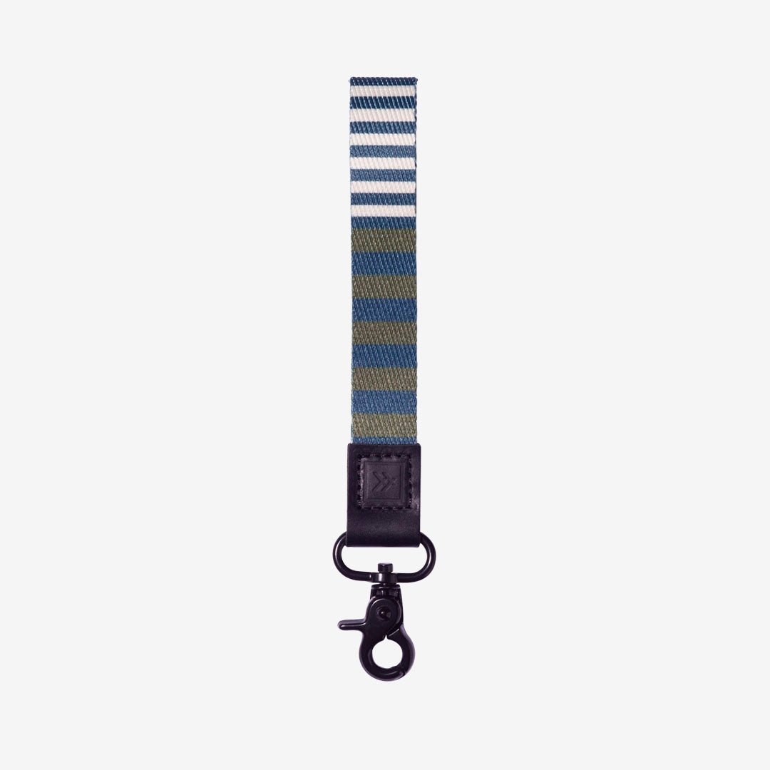 Navy, olive, and cream striped wrist lanyard