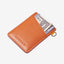 Brown leather card holder with orange and cream striped elastic