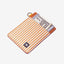 Brown leather card holder with orange and cream striped elastic
