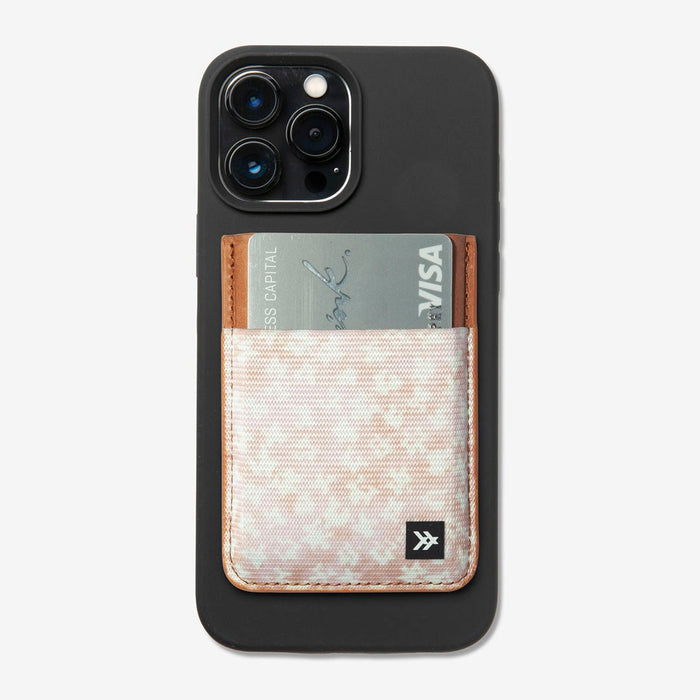 Brown leather magnetic wallet with pink and white floral elastic